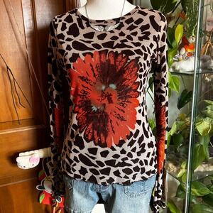 VTG 2000s Euro Twee Style Long Sleeve Abstract Flower Animal Print Top Sz M
